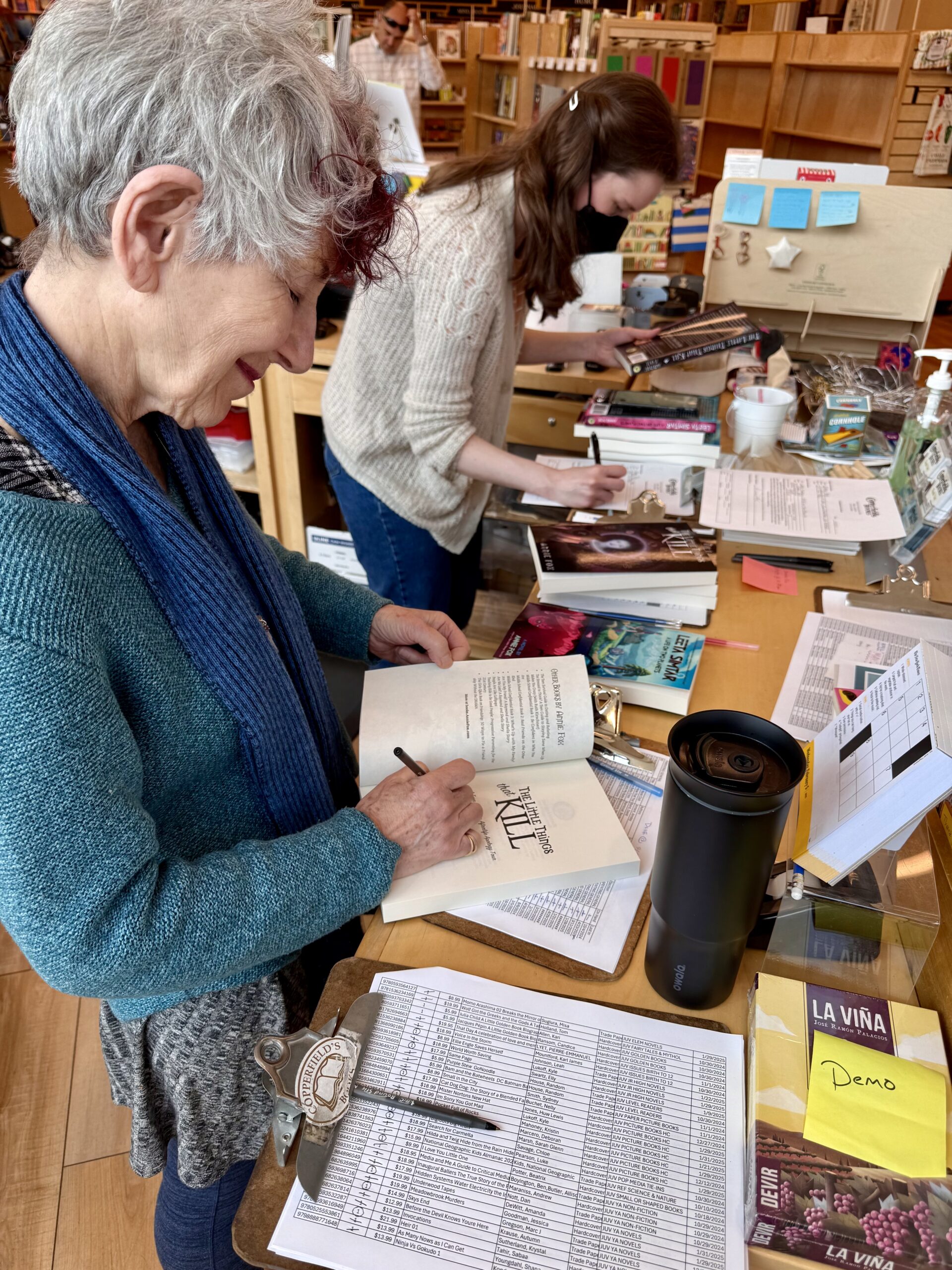 Annie Fox signing her book The Little Things That Kill: A Teen Friendship Afterlife Apology Tour at the Napa Copperfield's Books
